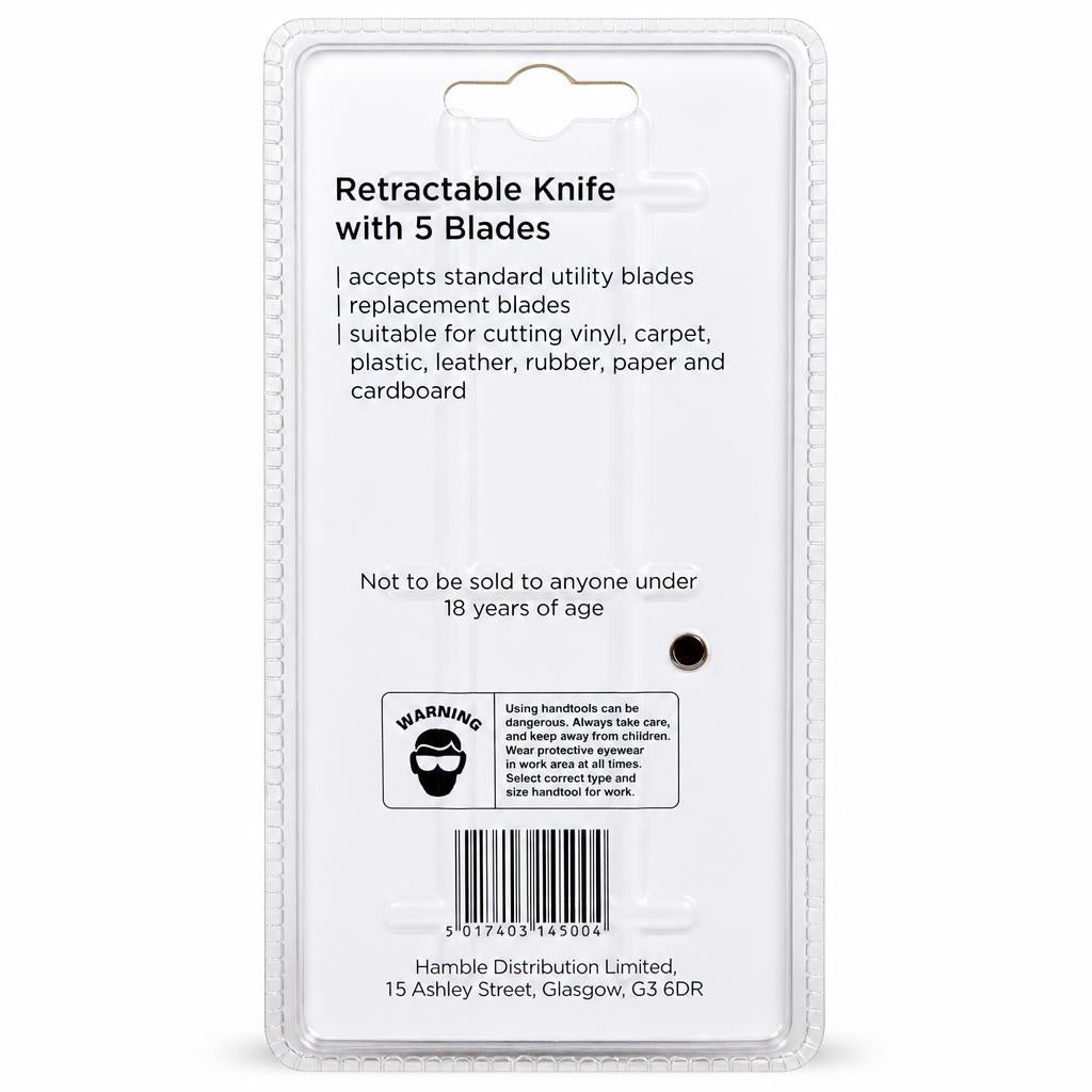 Back of Blackspur Retractable Knife packaging with barcode and safety warnings