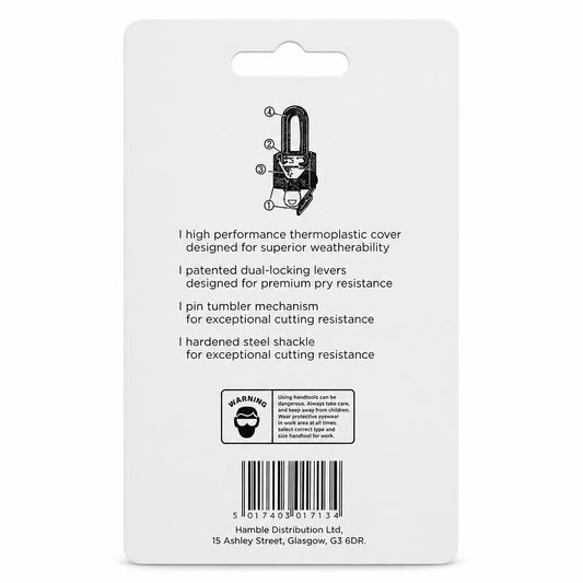 Back view of Blackspur Weatherproof Laminated Steel Padlock packaging with features and warning label