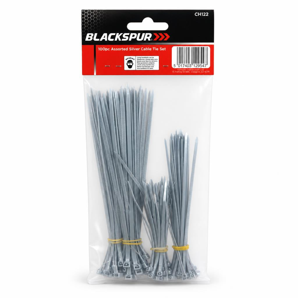 Rear view of Blackspur assorted silver cable ties package
