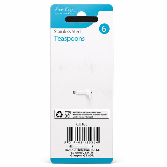 Backside of packaging for Ashley Housewares Teaspoons showing barcode and instructions.
