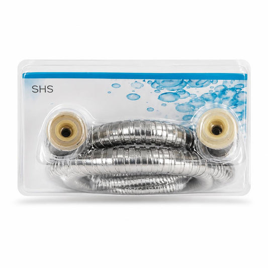 Close-up view of the shower hose ends in packaging