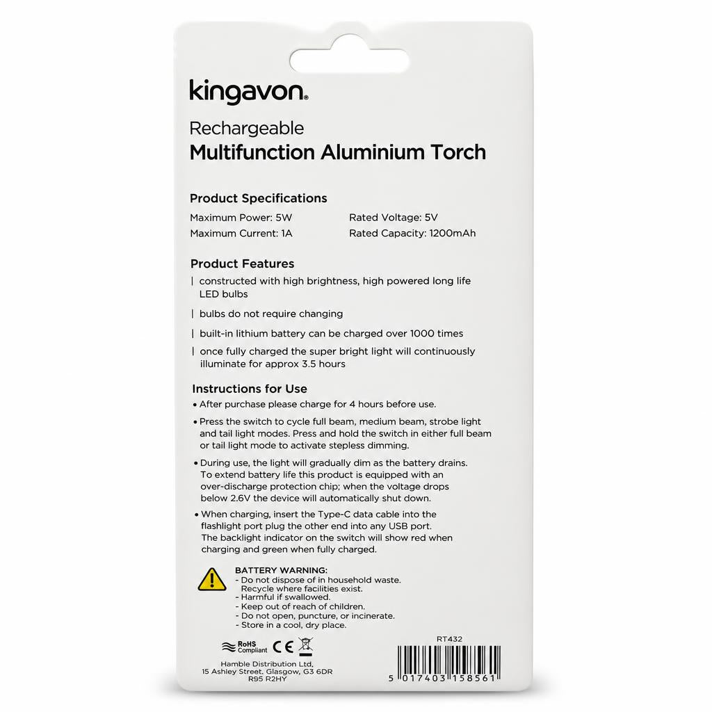 Kingavon rechargeable multifunction aluminium torch packaging back view