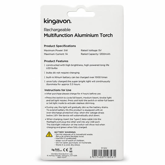Kingavon rechargeable multifunction aluminium torch packaging back view