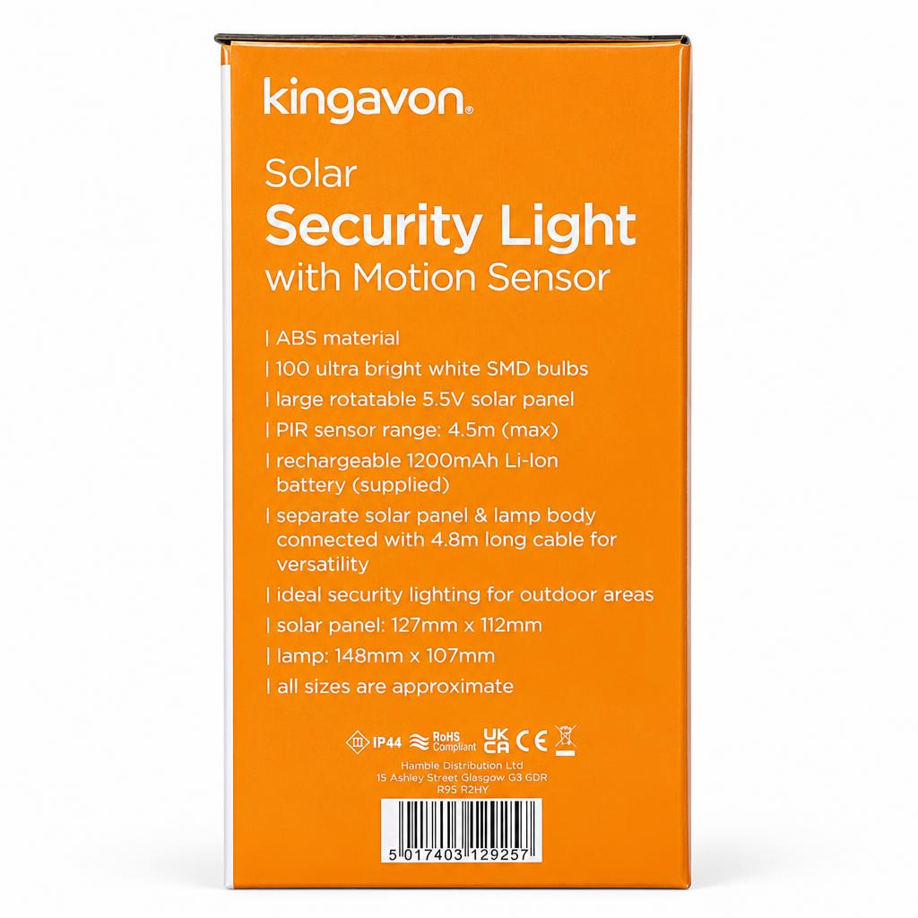 Back view of Kingavon Solar Security Light packaging with specifications