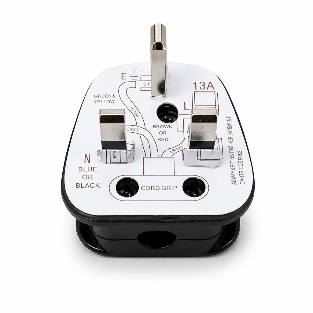 Back view of MCE 13A UK plug with visible wiring instructions