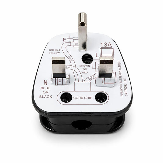 Back view of MCE 13A UK plug with visible wiring instructions