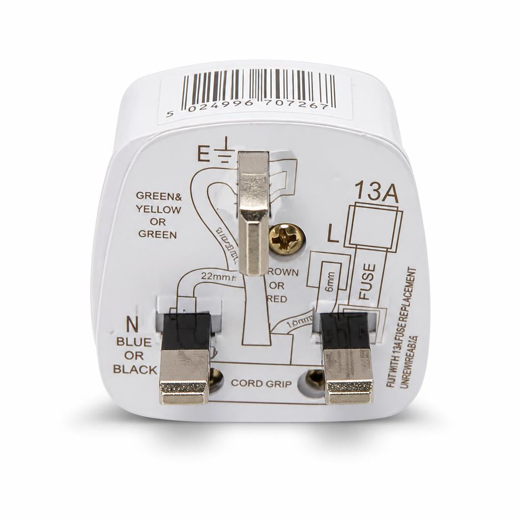 Back view of MK Electrical 13A Switched Plug showing the barcode and fuse section.
