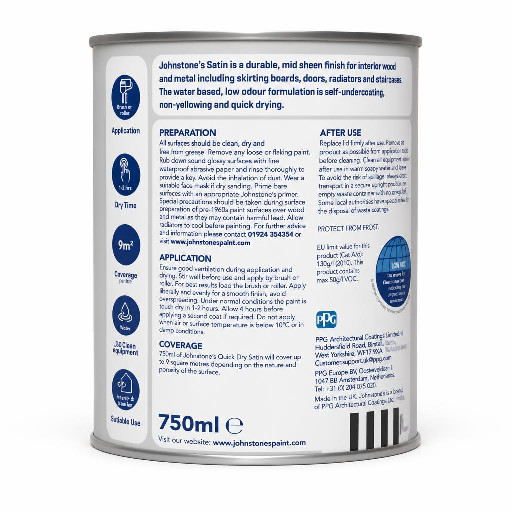 Back of Johnstone's Interior Wood & Metal Paint showing instructions and product details