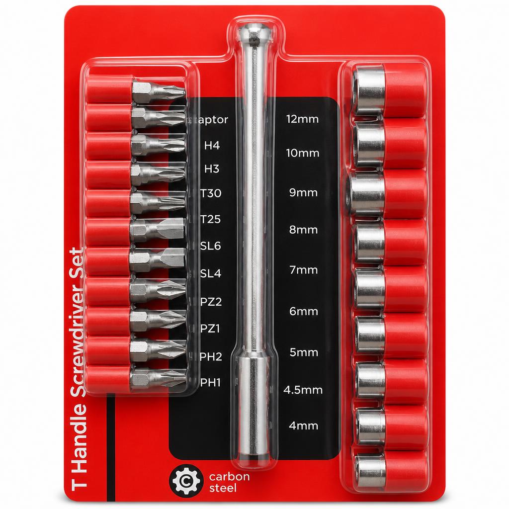 Close-up of Blackspur T Handle Screwdriver Set bits and sockets