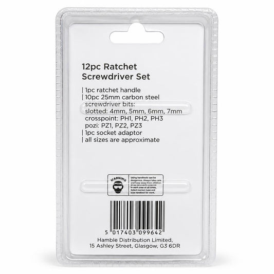 Back packaging of Blackspur 12pc Ratchet Screwdriver Set
