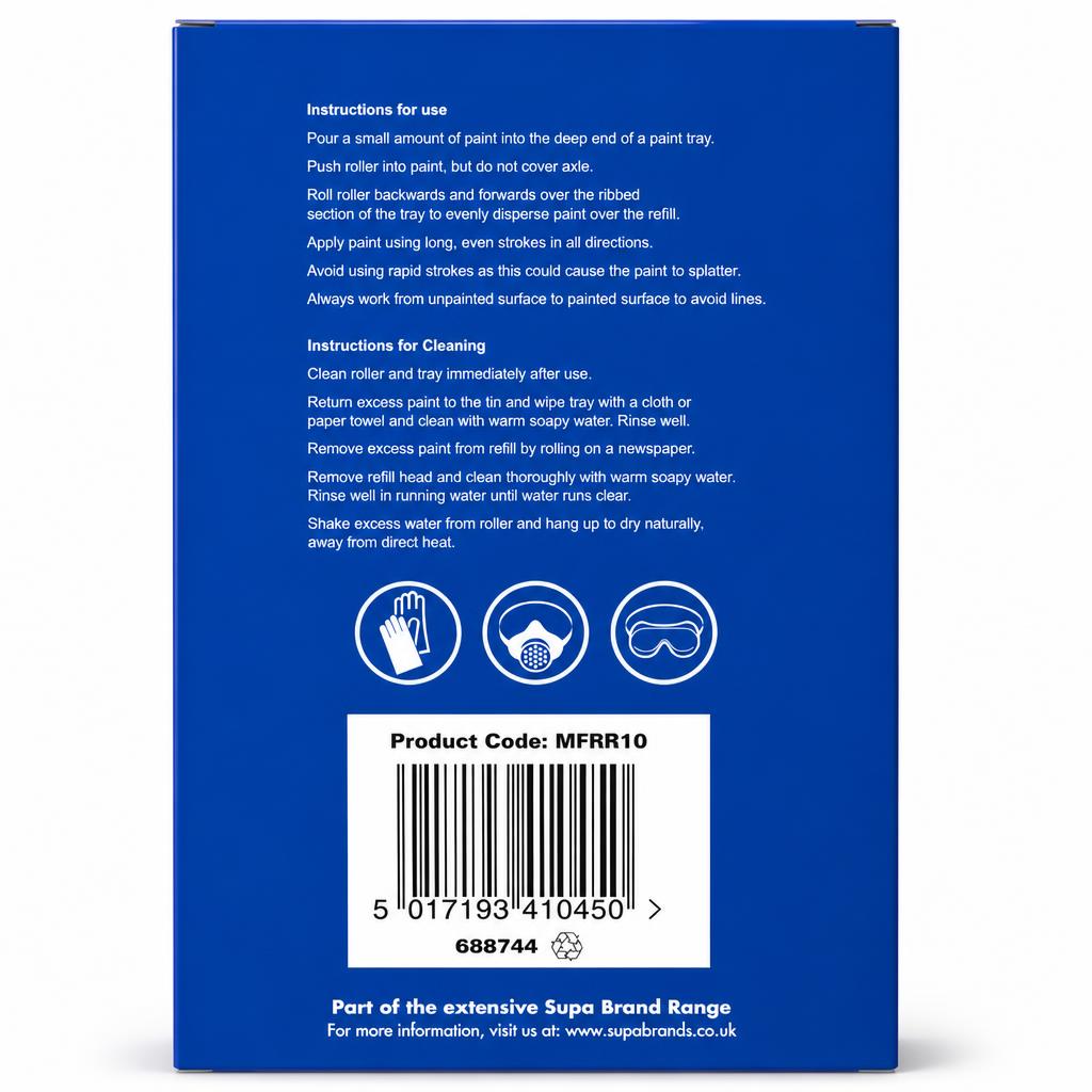 SupaDec Decorator Medium Density Foam Rollers back packaging showing instructions
