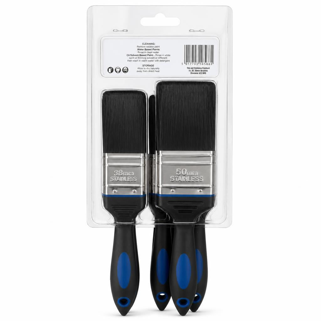 Back view with cleaning instructions of ProUser 5pc No Bristle Loss Paint Brush Set