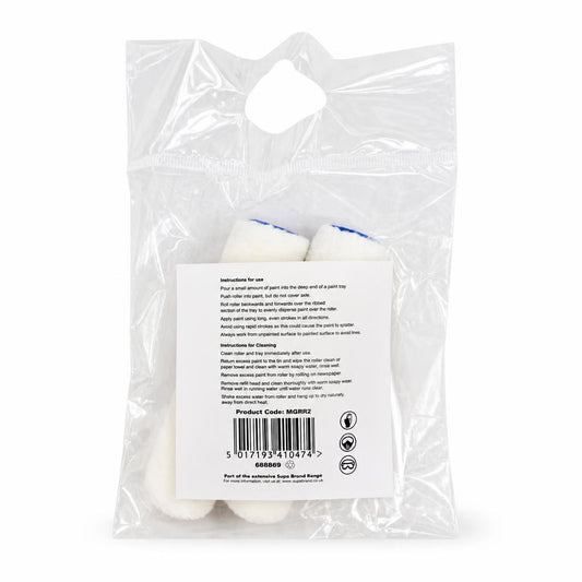 Back view of SupaDec Gloss Pile Synthetic Mohair Roller 2-Pack with instructions