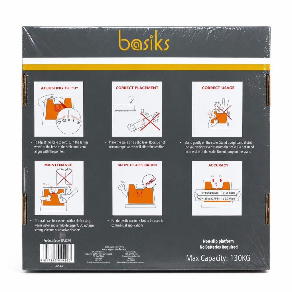 Back of Basiks Bathroom Scale packaging showing instructions