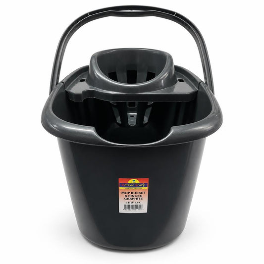 Front view of Kitchen Kraze Mop Bucket & Ringer in graphite with label