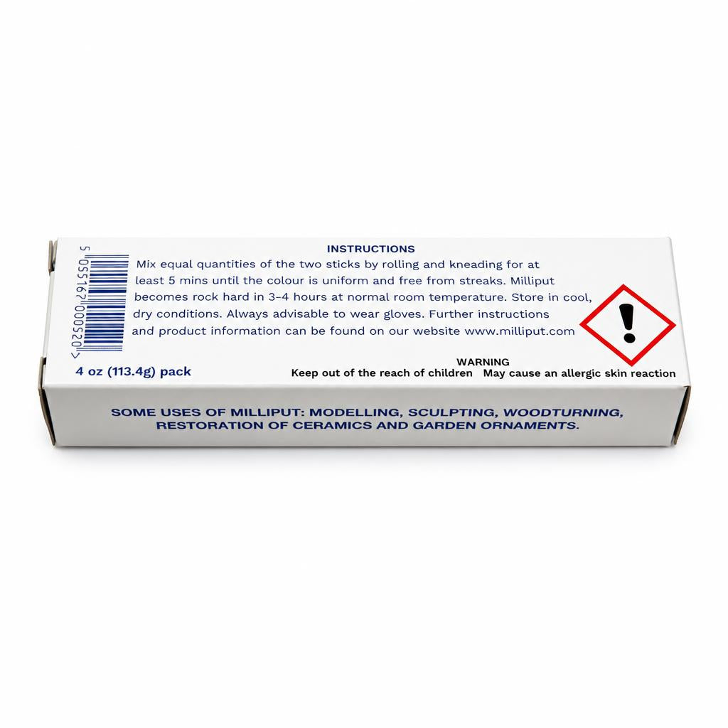 Milliput Silver Grey Putty back packaging with instructions