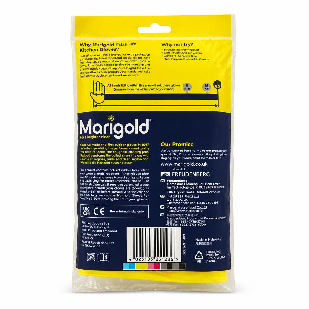 Marigold Extra-Life Kitchen Gloves packaging back