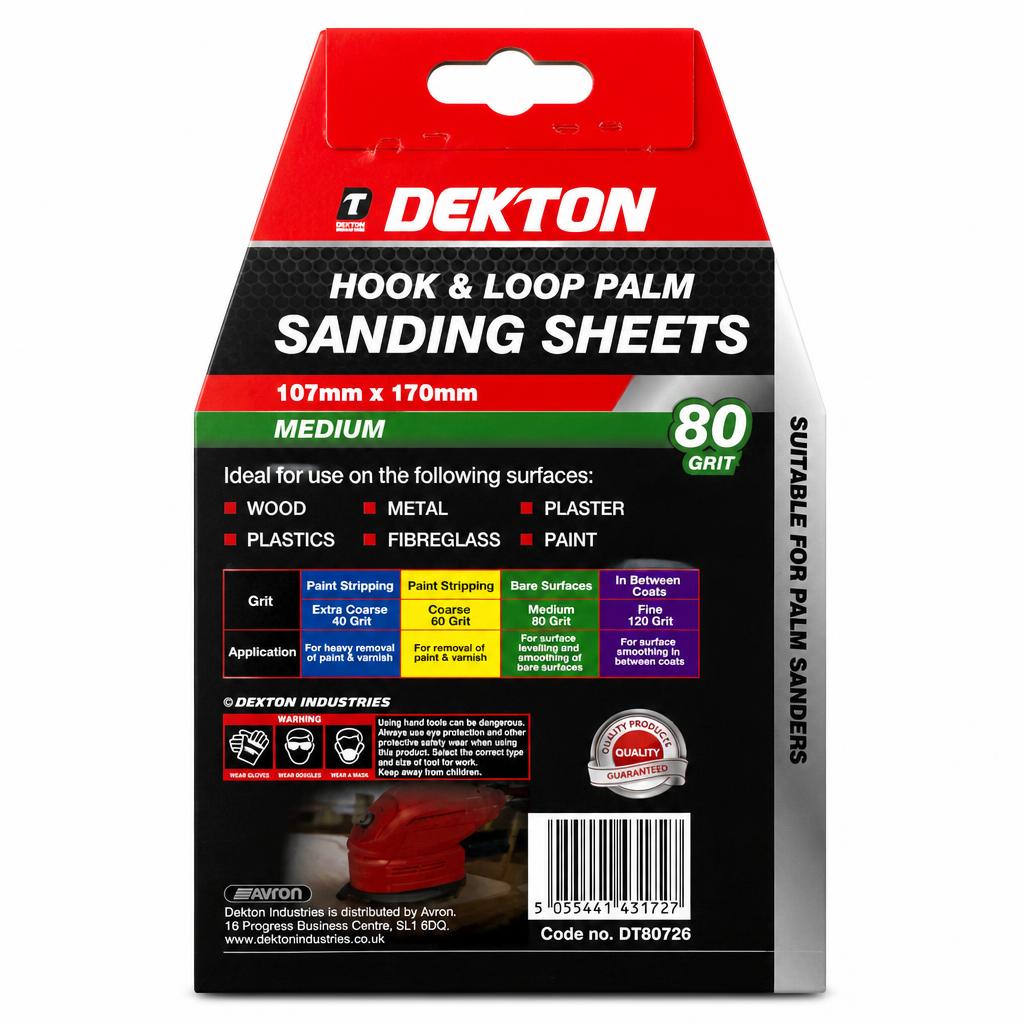 Dekton Hook & Loop Palm Sanding Sheets packaging back