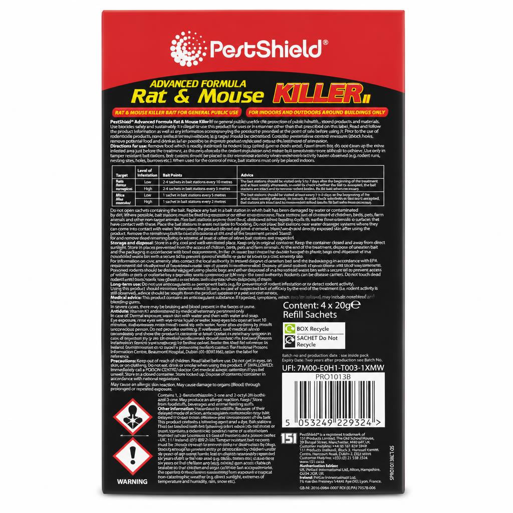 Back view of PestShield Rat & Mouse Killer II packaging with instructions and warnings