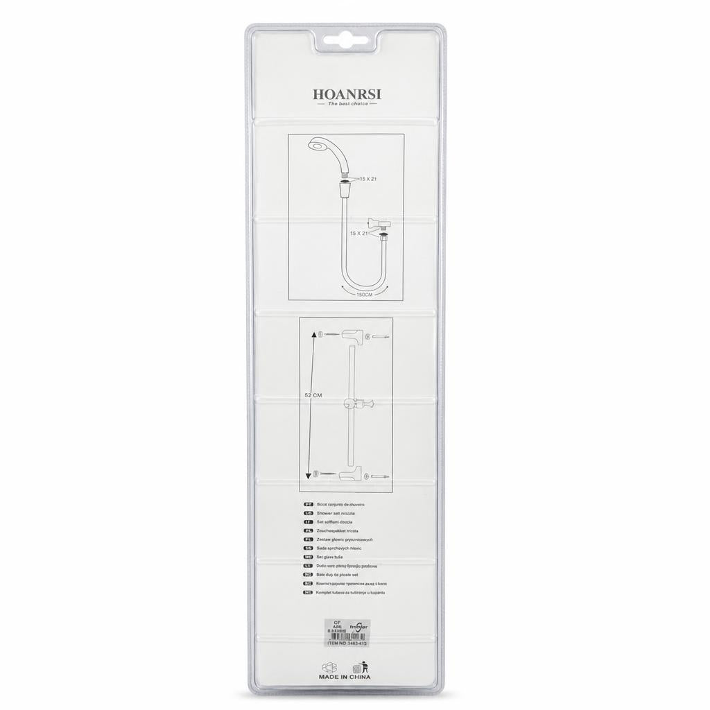 Back of packaged shower head set indicating features and specifications