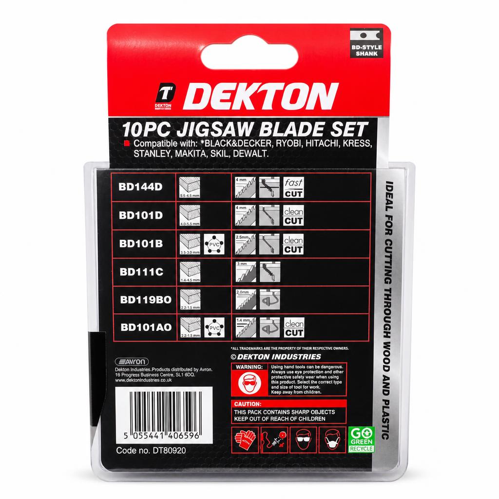 Back of Dekton jigsaw blade set packaging