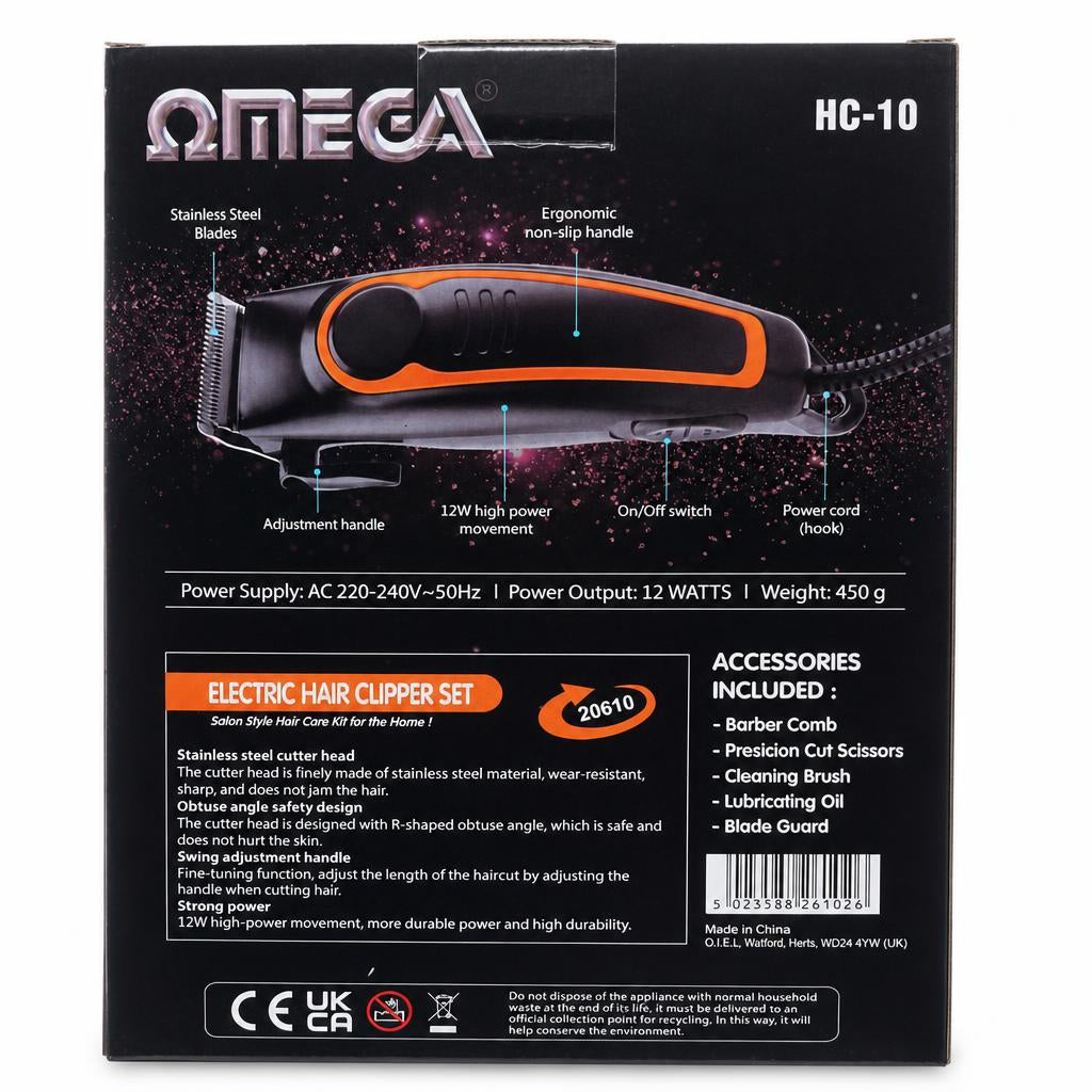 Omega HC-10 Electric Hair Clipper Set packaging back view