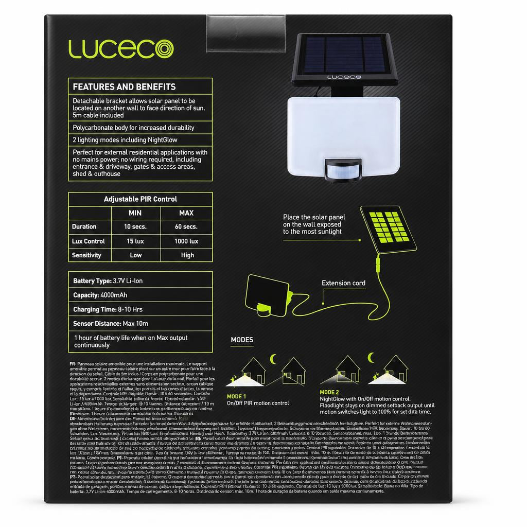 Back view of Luceco Solar Guardian 11W Floodlight packaging with features