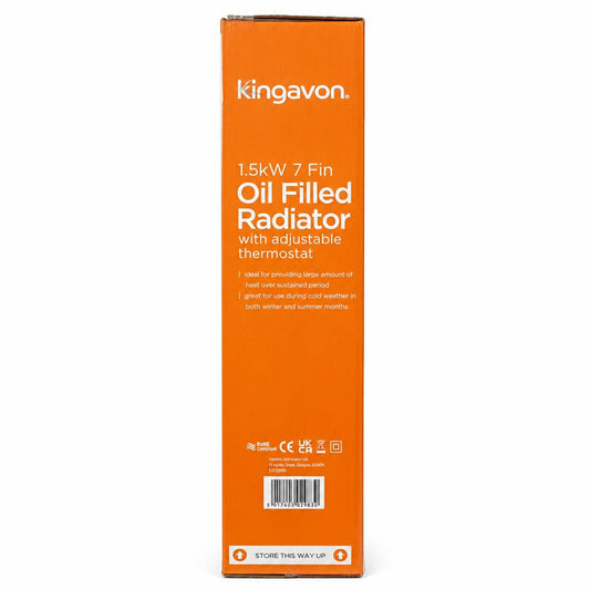 Side view of Kingavon oil filled radiator packaging with specifications