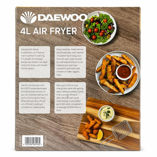 Daewoo 4L Air Fryer back packaging with features