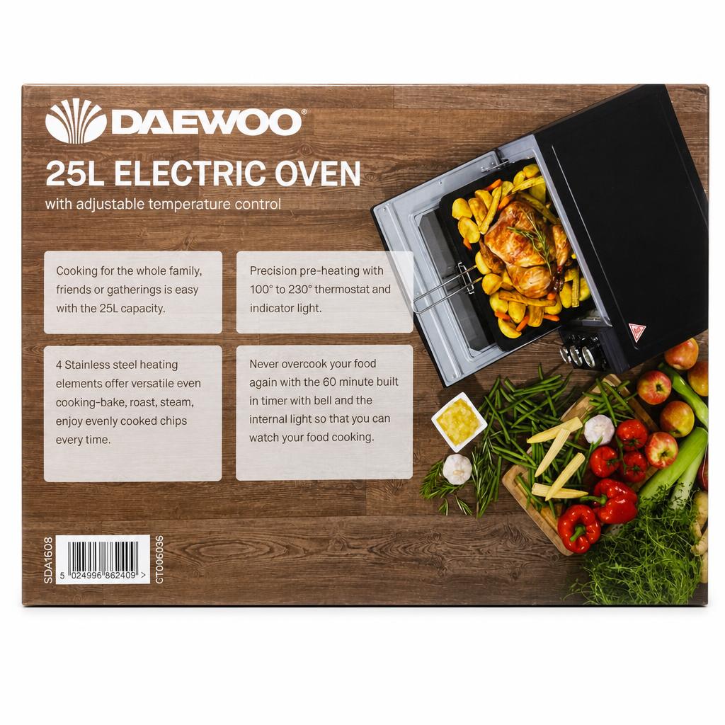 Back of Daewoo 25L Electric Oven with Features Listed