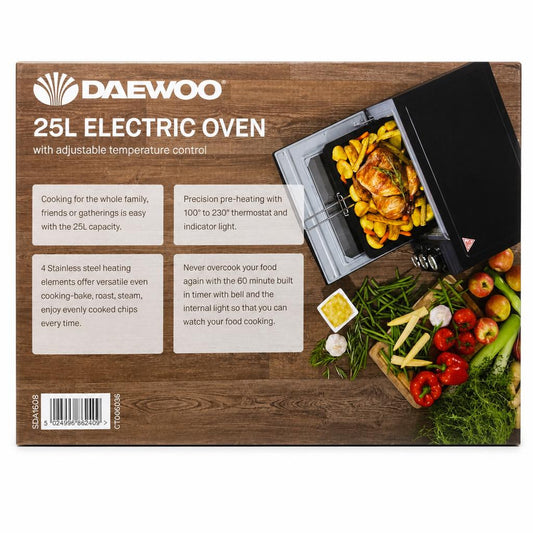 Back of Daewoo 25L Electric Oven with Features Listed