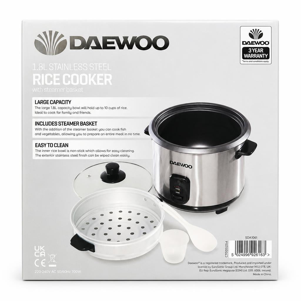 Back view of Daewoo 1.8L stainless steel rice cooker with features