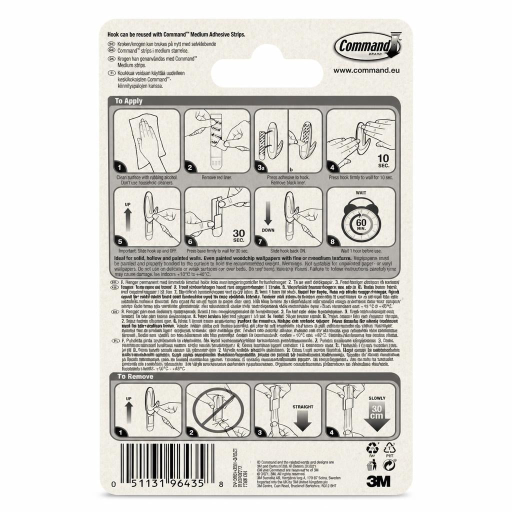 Back of 3M Command Medium Designer Hook package showing instructions and product details.