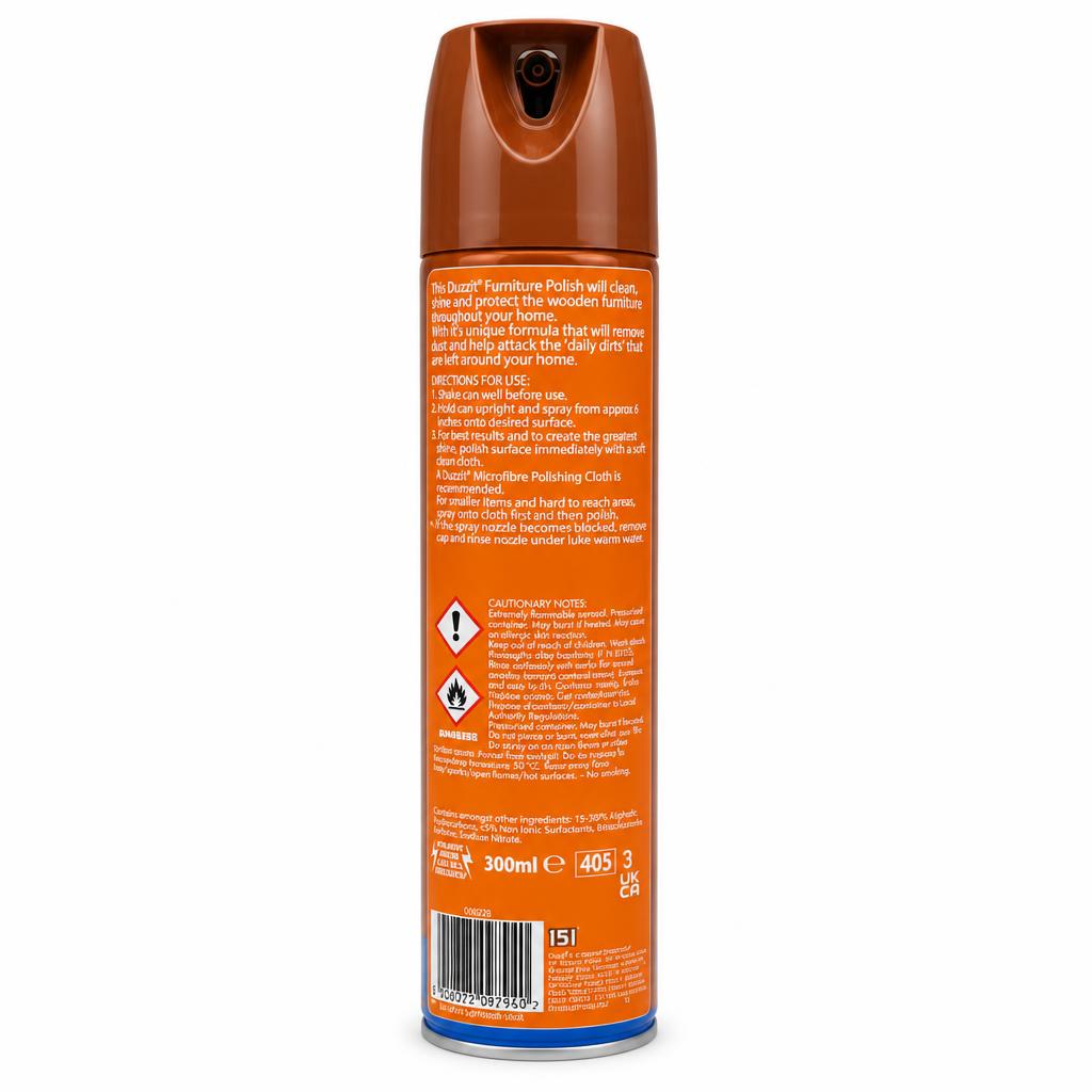Duzzit Furniture Polish 300ml can back view with instructions