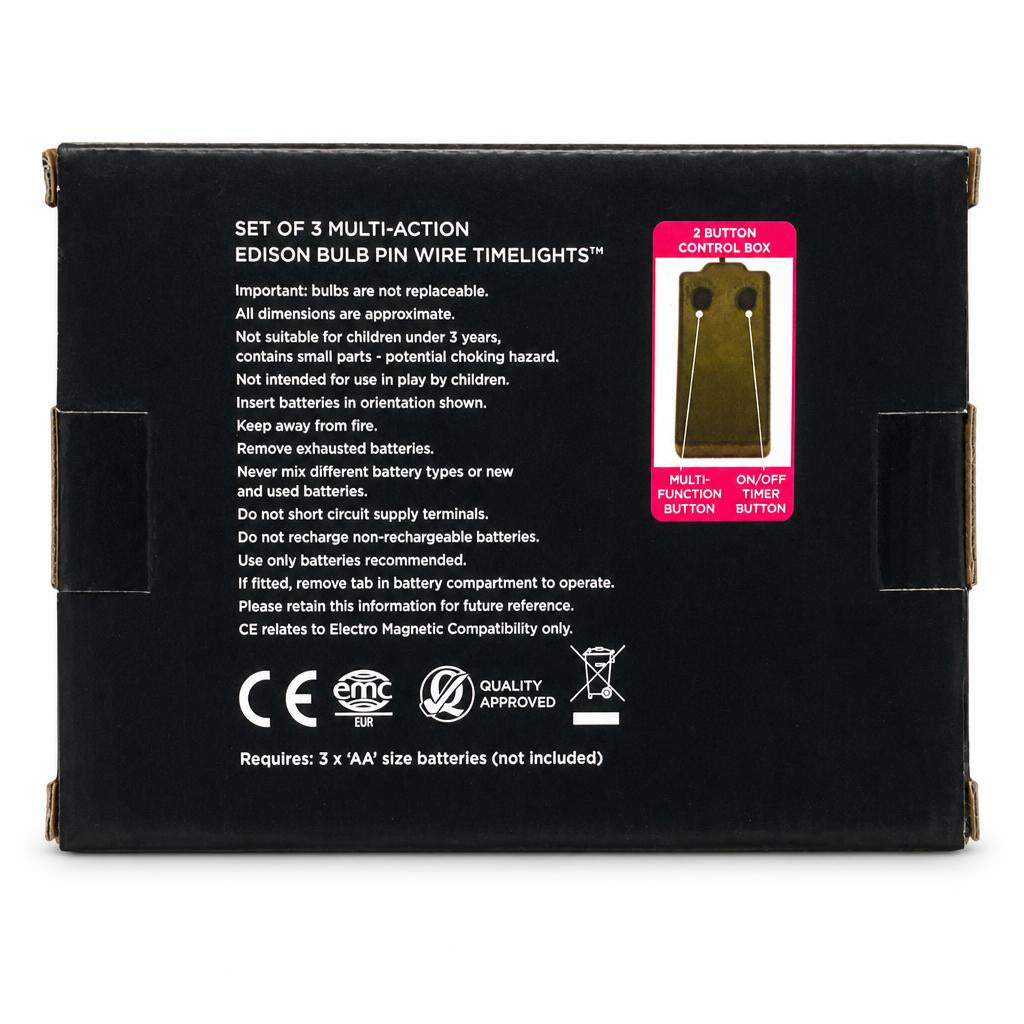 Back view of Premier Edison bulb pin wire timelights packaging showing features and safety information.