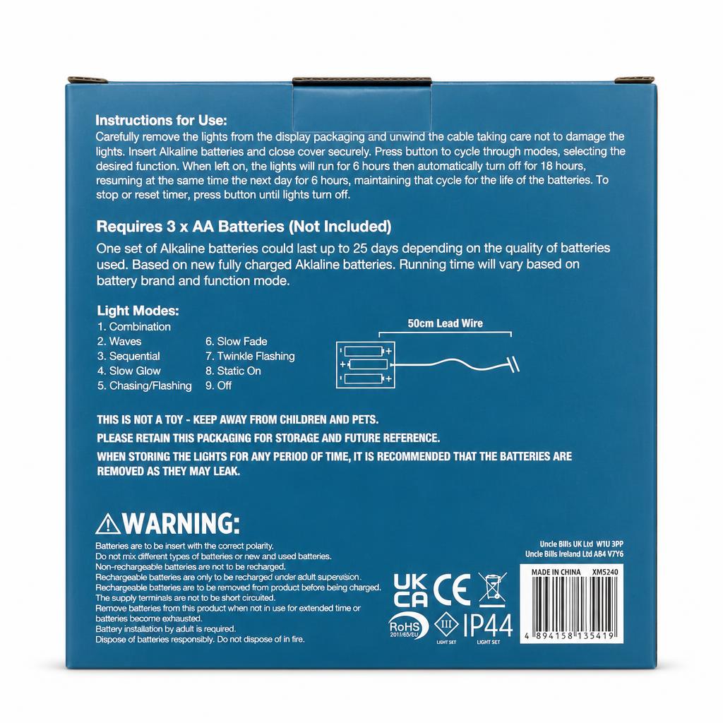Back view of packaging with instructions for Festive Magic LED Tubelight