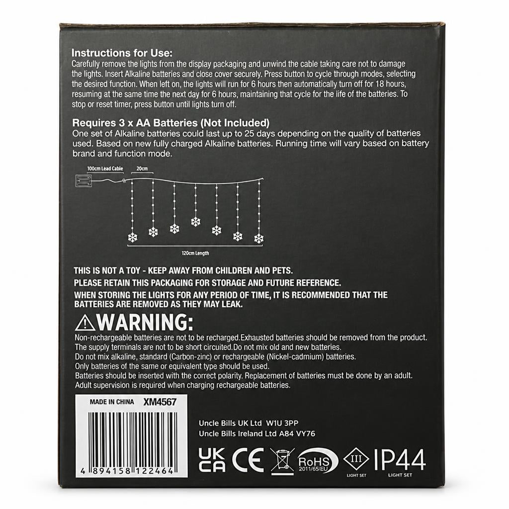 Festive Magic LED Snowflake Curtain packaging back