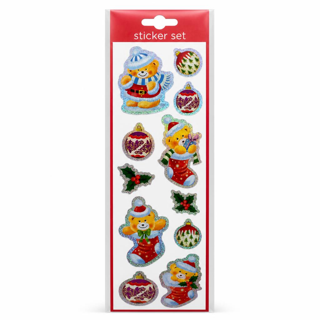Close-up of festive bear and holly sticker set