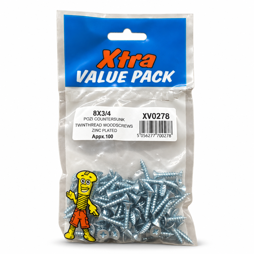 Back view of Xtra Pozi Countersunk Twinthread Woodscrews packaging