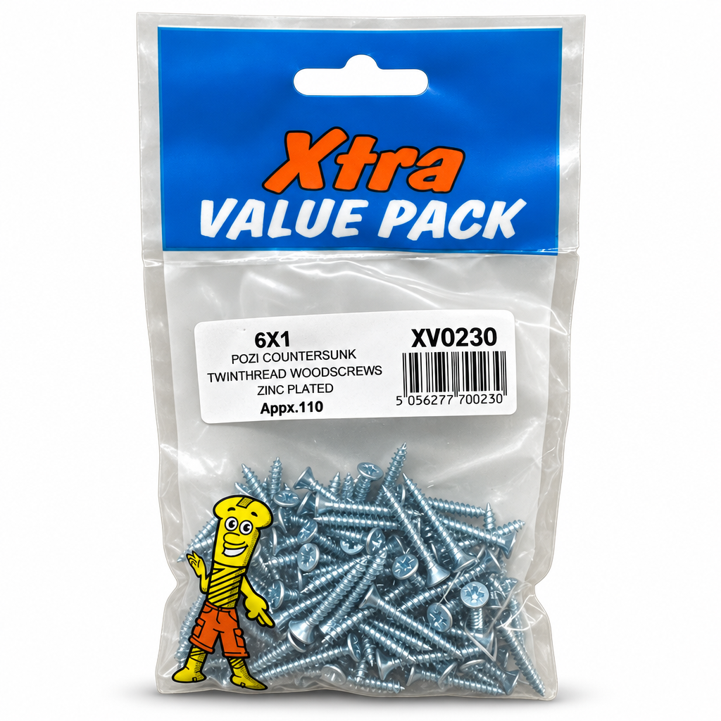 Xtra Value Pack of Pozi Countersunk Woodscrews with visible barcode and product information
