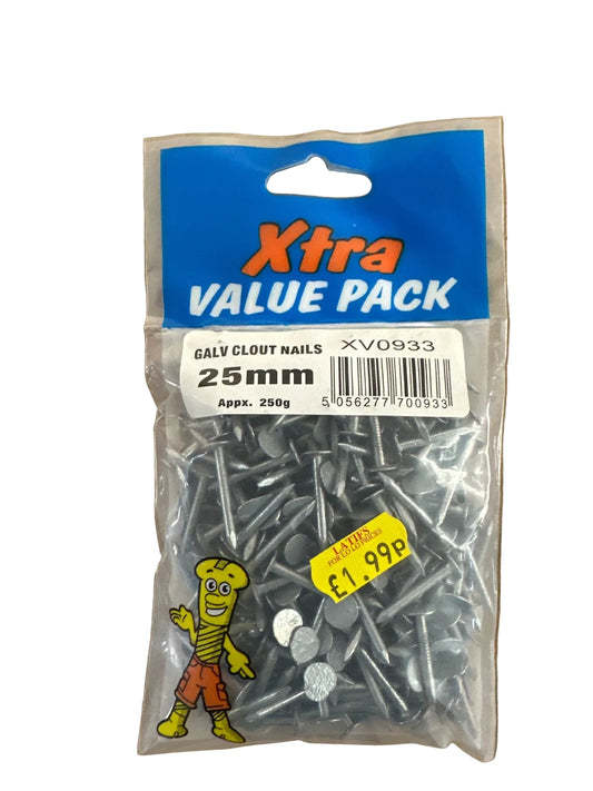 Close-up of Xtra Galvanised Clout Nails 25mm packaging