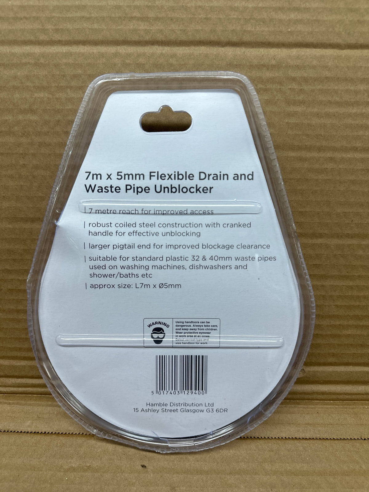 Blackspur 7m x 5mm Flexible Drain and Waste Pipe Unblocker packaging back