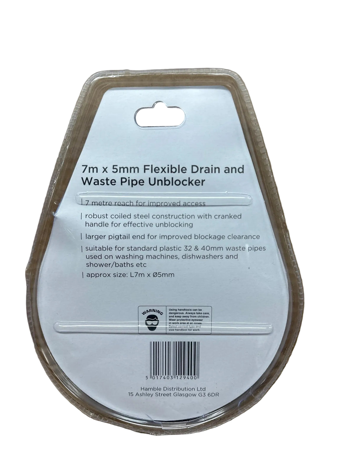 Blackspur 7m x 5mm Flexible Drain and Waste Pipe Unblocker packaging back
