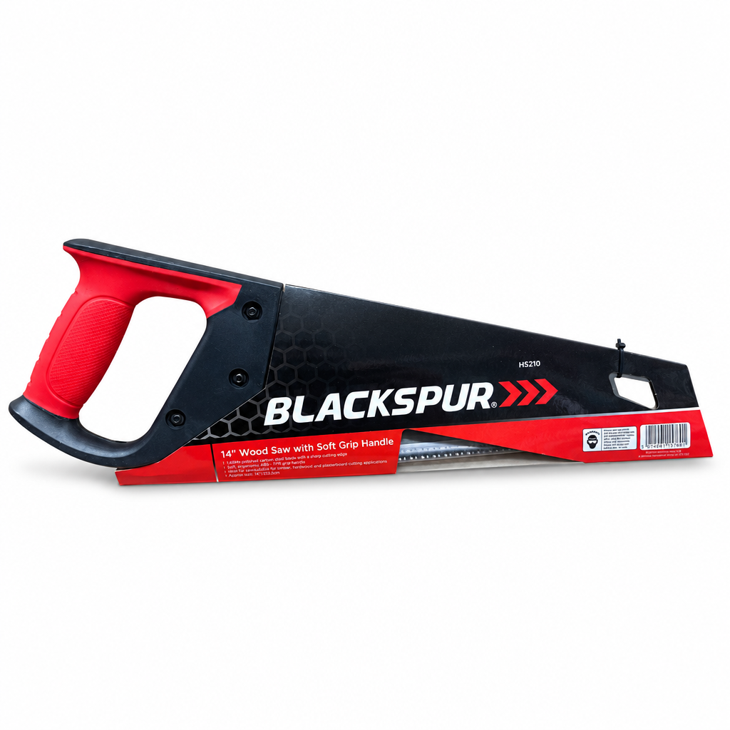 Reverse side view of Blackspur 14-inch wood saw in packaging.