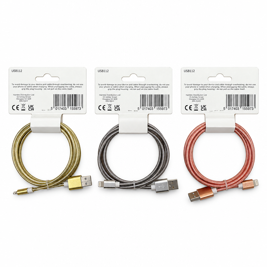 Back packaging of Kingavon Metallic USB to Lightning Cables with barcode and safety information