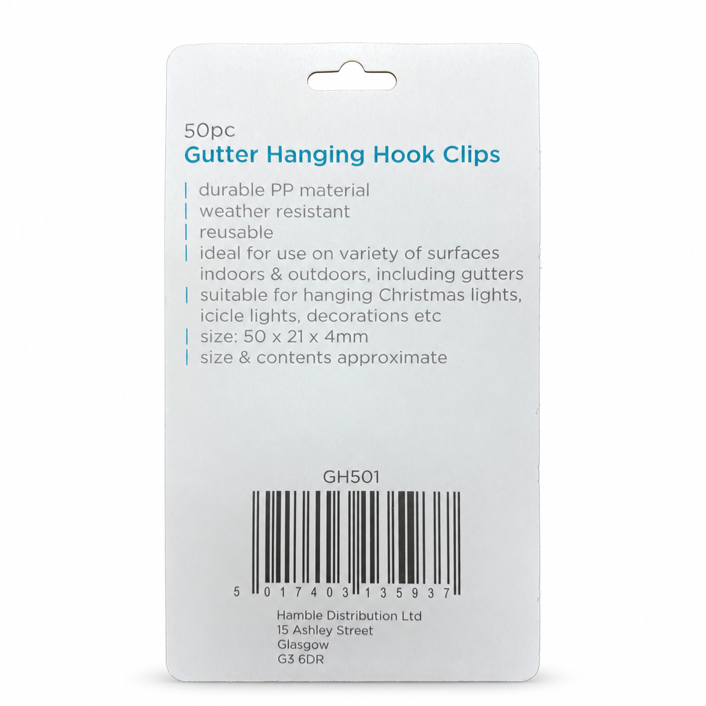 Ashley Gutter Hanging Hook Clips packaging back view with specifications