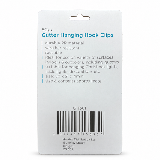 Ashley Gutter Hanging Hook Clips packaging back view with specifications