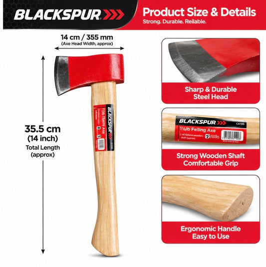 Specifications of Blackspur 1.25lb felling axe showing size and head material