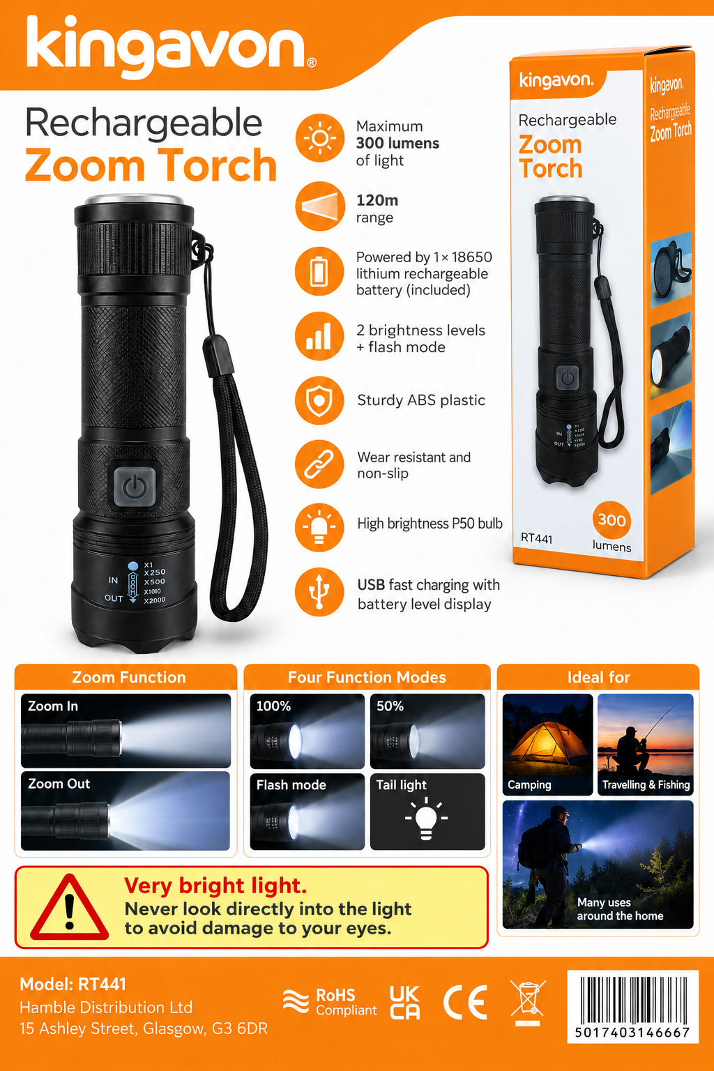 Kingavon Rechargeable Zoom Torch RT441 features and specifications