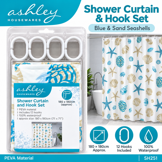 Ashley's Shower Curtain and Hook Set in Blue & Sand Seashells design.